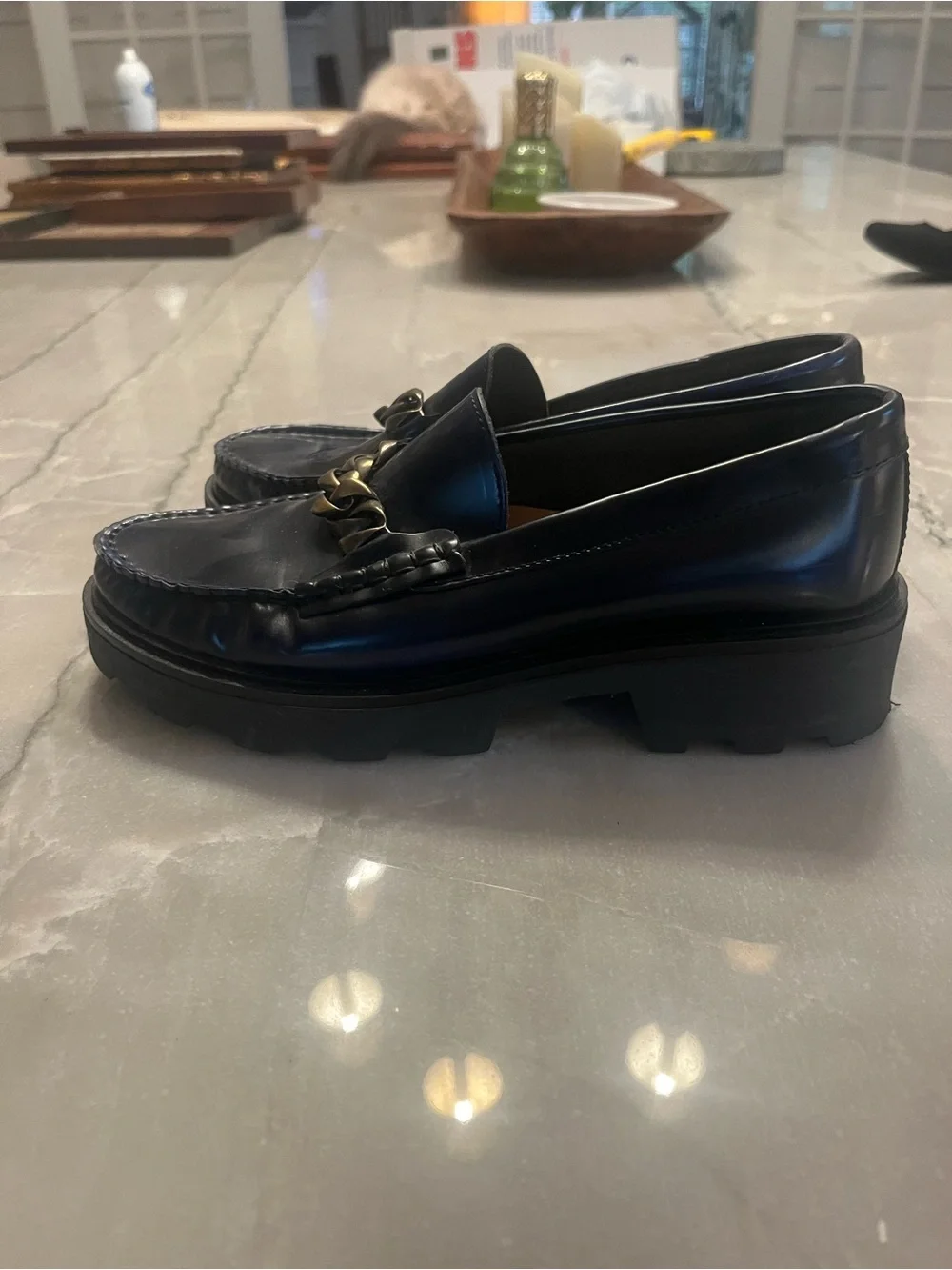 Penelope Chilvers Navy Patent Leather Chain-Trim Loafers
